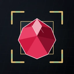 The Rubetris app icon: a faceted ruby inside four brass corner brackets on a dark grid.