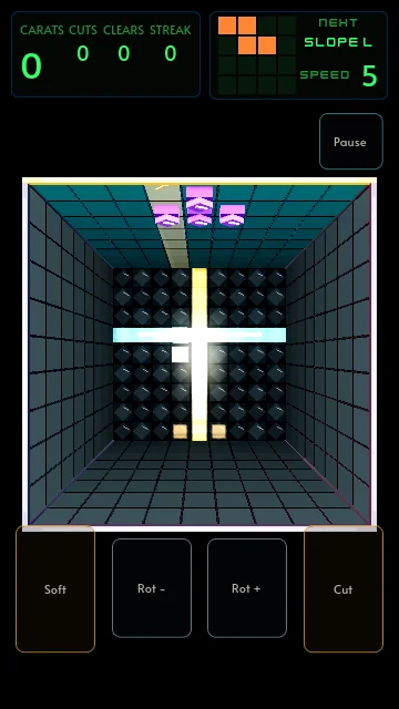 Debrix on a phone: the well under the carats strip, with the Soft, Rot −, Rot +, Cut and Pause touch plates along the bottom.