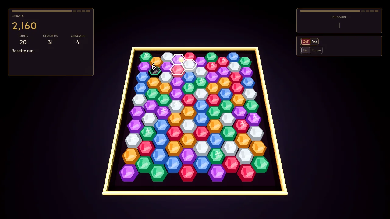 Rosette: a hex tray of coloured gems with three highlighted where they meet and a bomb counting down from 6; the HUD reads 2,160 carats, 20 turns, 31 clusters.